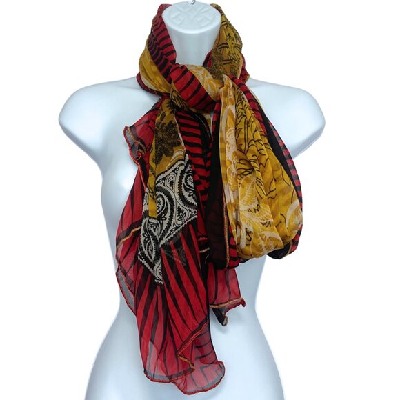 Vintage Style Floral Baroque Sheer Scarf Wrap Shawl Red Gold Black Lightweight - Picture 2 of 7